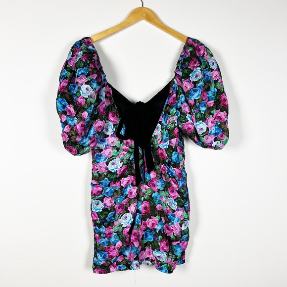 NWT For Love and Lemons Marley mini dress black floral puff sleeve Size Large - Picture 7 of 9